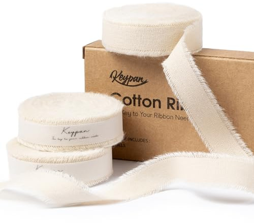 Keypan Nude Ribbon Frayed Cotton Ribbons 16mm x 19.2m | Handmade Frayed Edge For Crafts, Flower Bouquets, Wedding Decor, Christmas Trees, Home DIY