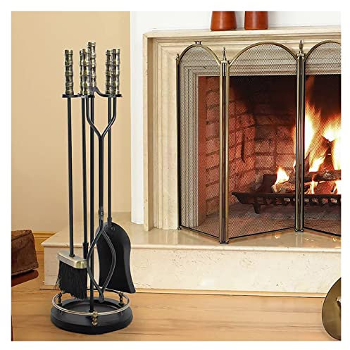 Ensemble d'outils de cheminée 5 pièces avec poignées en Laiton, Compagnon de cheminée en Fonte Noire - Balai/tisonnier/Pelle à Cendres/Pinces, for Toutes Les pièces cheminée, intérieur extérieur