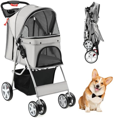 COSTWAY Hundvagn husdjur buggy upp till 15 kg, hundvagn med nätfönster och mugghållare & korg och solskydd, vikbar kattvagn, kattvagn för små hundar katter (grå)