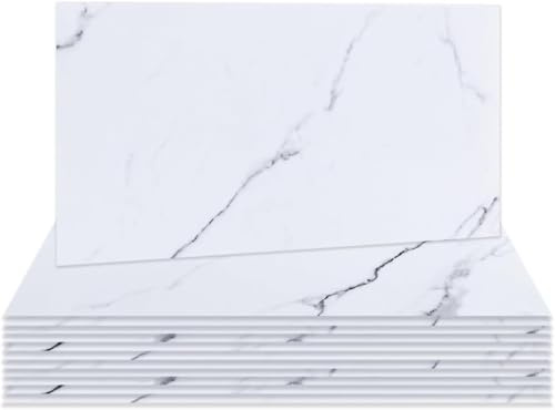 Hode 50 Pieces Marble White Tile Stickers for Bathroom, 15cmx30cm Stick on Tiles Self Adhesive Wallpaper, Vinyl Wrap for Kitchen Walls Waterproof (Glossy)