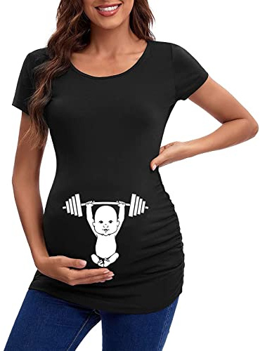T-shirt femme serré mode grossesse manches courtes col rond mignon drôle graphique froncé côtés t-shirt hauts grossesse tunique blouse femme élégante chemisiers, Noir , M