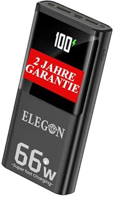 ELEGON Slim Power Bank Ultra Power 20 – 20000mAh Vattentålig Extern Batteri – 66W Snabbladdande Powerbank med LED-display, 3 Portar (2 USB-A + 1 USB-C), Kompatibel med Alla Smartphones