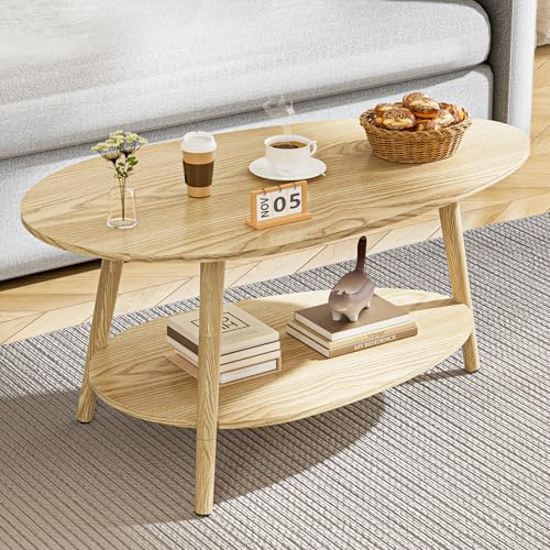 BonVache Table de Thé en Bois Massif, Table de Salon Ovale à Double Niveau, Table Ronde pour Salon, Table Basse, Table d'Appoint, Table à Thé, Couleur Naturelle