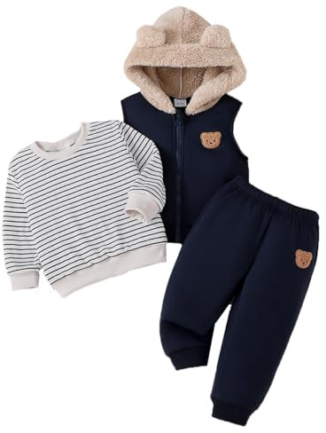 UUAISSO Set di Abbigliamento Autunnale Invernale per Bambino a Righe con Felpe Maniche Lunghe Gilet con Cappuccio e Pantaloni Blu navy 2-3 anni
