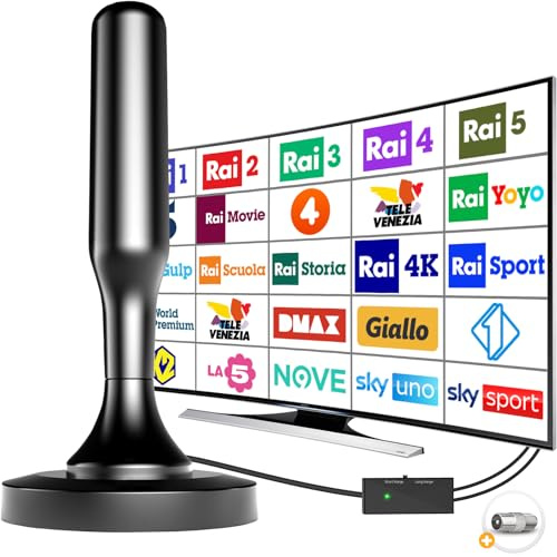 Yowrepu Antenna TV Portatile da Interno, Antenna TV Interna Amplificata Potente Supporto DVB-T2/4K/1080P, Antenne Digitale Terrestre Con Base Magnetica e Cavo Coassiale da 5m