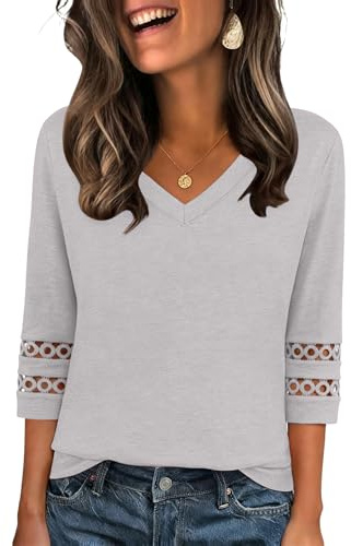 Zeagoo Womens 3/4 Sleeve Top V Neck Summer Blouses Plain Loose Tunic Tops Eyelet Shirts Going Out Shirt Light Gray M