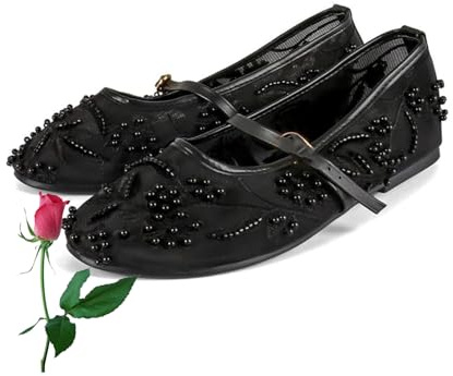Mary Jane - Zapatos planos de malla bordada para mujer, con correa de hebilla, puntera redonda, cómodos, casuales, zapatos de bailarina, zapatos florales, Black, 37 EU