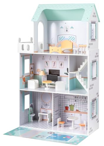 COSTWAY Casa de Muñecas de Madera de 3 Pisos, Mansión de Princesa para Niños con 17 Piezas de Muebles y Escalera, Juego de rol para Contar Historias Imaginativas, 74,5 x 34 x 120,5 cm (Verde)