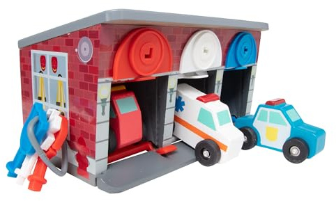 Melissa & Doug Toy Keys and Cars Wooden Rescue Vehicles and Garage (7 pcs) Toddler Pull Back Toys, Toy Garage for Kids Ages 3+