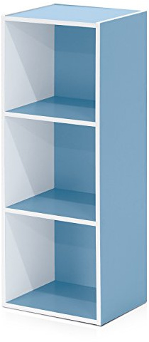 Furinno LUDER Book Shelf, 3-Cube Bookshelf, Bookcase, 9.3 x 12 x 31.5, for Living Room, Bedroom, Home Office, White/Light Blue
