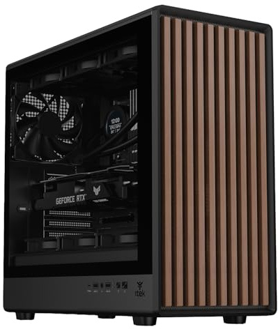 Itek Caja Woody W2B - Torre para Juegos ATX - 4 Ventiladores Negros de 14 cm - 2 Puertos USB 3.0 Tipo C - Panel Frontal de Madera - Panel Lateral de Cristal Templado Oscuro