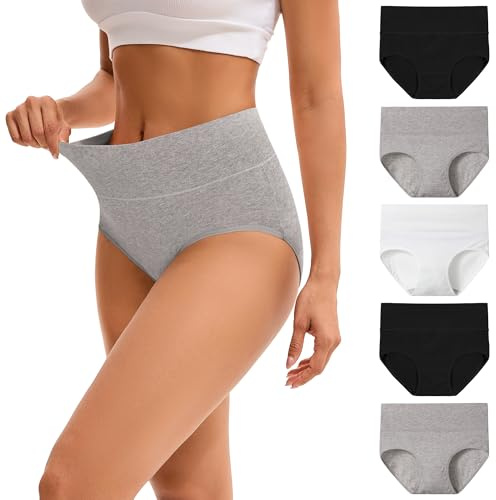 INNERSY High Waist Unterhose für Damen Baumwolle Taillenslip Schwarz Weiß Grau Panties Mehrpack 5 (XXL, Schwarz/Weiß/Grau)