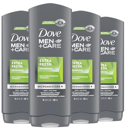 Dove Men+Care Body Wash Extra Fresh 4 Count for Men's Skin Care Body Wash Effectively Washes Away Bacteria While Nourishing Your Skin 18 oz