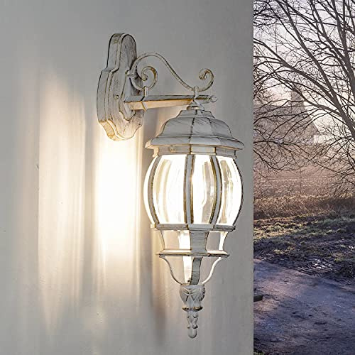 Lampada da parete esterna Brest a forma di lanterna con braccio bianco oro stile rustico retrò E27 IP44 ideale per giardino, terrazzo, cortile