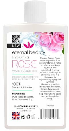 Rose Water with Glycerine – 100% Natural Extracts of Fresh Roses, Hydrating & Refreshing Facial Toner, Skin & Hair Mist – 100ml by Eternal Beauty