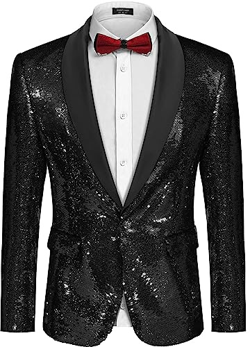 COOFANDY Men Shiny Sequin Jacket Tuxedo Shawl Lapel Dinner Wedding Prom Tux Suit Black