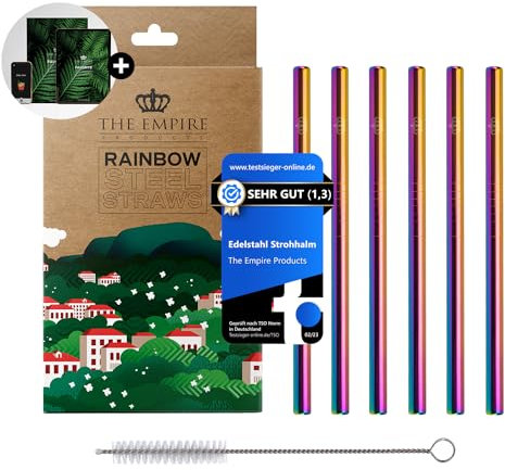 The Empire Products® [+ EBOOK] Wiederverwendbare Edelstahl Strohhalme regenbogen - 15cm kurze Metall Trinkhalme - extra breit - 6er Set + Reinigungsbürste