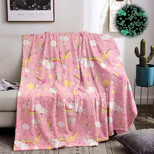 HZVRTN Coperta per bambini, con unicorno, si illumina al buio, in morbida flanella, per regali, letto, divano, soffice coperta (130 x 150 cm, unicorno D)