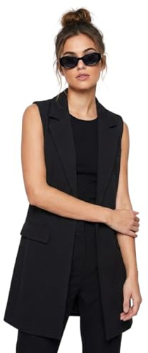 LUXFAB Ladies Front Open Sleeveless Long Duster Coat Waistcoat Blazer Womens Sleeveless Open Front Long Waistcoat Stylish Crepe Pocket Jacket Coat Plus Size UK Size 8-26