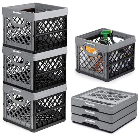 CleverMade Clevercrates Lot de 3 caisses à lait pliables, empilables, 25 L, peut contenir 22,7 kg par poubelle, en plastique robuste, pour usages multiples