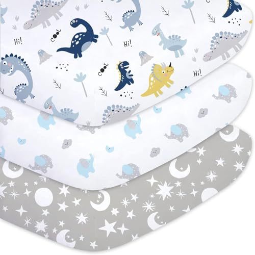 Plushii Baby Spannbettlaken 70x140cm - 3er Set Spannbetttuch für das Kinderbett - Weiche Mikrofaser - Oeko-Tex Standard 100 - Blau Dinosaurier