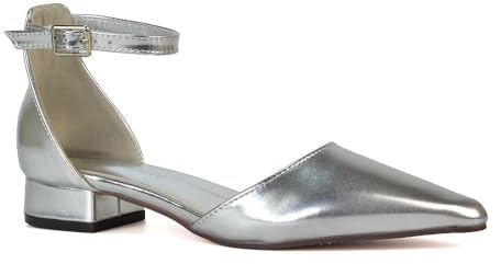 ESSEX GLAM Women's Low Heel Point Toe Ankle Strap Court Shoes Ladies Silver Metallic Wedding Dress Flat Pumps Size 8