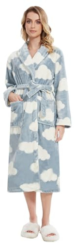 Knuffnee Accappatoio da donna in pile morbido e lungo, con tasche, Nuvole, M