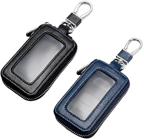 WIYETY 2 pezzi portachiavi auto: portachiavi vintage in pelle con chiusura lampo e moschettone, copertura protettiva per portachiavi, borsa universale per chiavi (nero, blu reale), nero, blu reale, 9