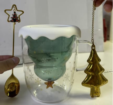 ecooe Tazza Albero di Natale Doppia Parete 270ml da Caffè Cappuccino Latte Macchiato con Manico Cucchiaio Bicchiere Vetro Borosilicato Trasparente, Colino da tè dell'albero di Natale per Tè, Latte