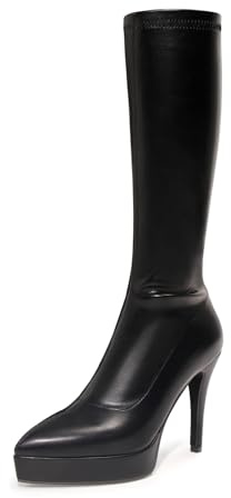 HIKKWXVN Bottes Hautes à Bout Pointu en Cuir PU élastique pour Femmes, Bottes à Talons Aiguilles, Bottes mi-Mollet Tendance Automne Hiver,Noir,36 EU