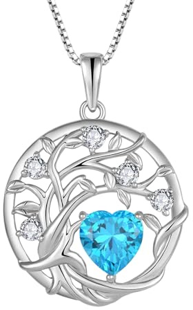 FJ livets träd kedja damer 925 sterlingsilver livets träd halsband hänge födelsesten smycken gåvor för kvinnor, Kubisk zirkon, Akvamarin