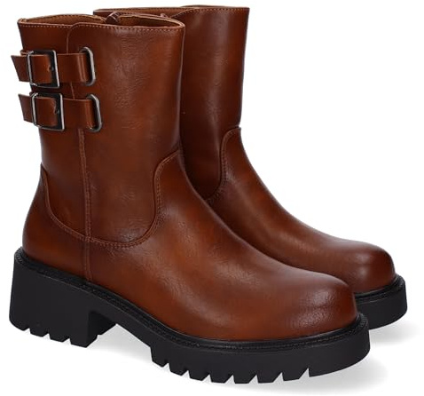 89042 Botin de Mujer con Detalles Modernos y Diseno de Tendencia, Ideal para Uso Diario y Eventos, Detalles de Hebillas, Combina Estilo y Comodidad, Salidas Diarias. Camel Talla 39