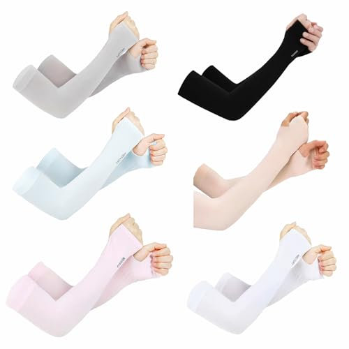 klahh 6 Pairs Sun Protection Arm Sleeves Sports Sleeves to Cover Arms with Thumb Hole, Unisex Silk Arm Sleeves Cover Arm for Cycling Hiking Running Outdoor Activities