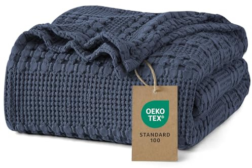 PHF 100% Baumwolle Waffledecke Kuscheldecke 150x200cm, Oeko-TEX® Zertifiziert - Hotelwäschequalität - Ideal für Sofa Couch Bett, leicht & atmungsaktiv, Dunkelnavy (Dark Navy)