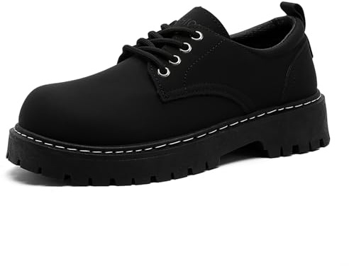 Men's Black Leather Platform Oxfords Classic Round Toe Lace Up Chunky Heel Dress Shoes Comfort Non-Slip Lug Sole Derby Shoes (Black,9)