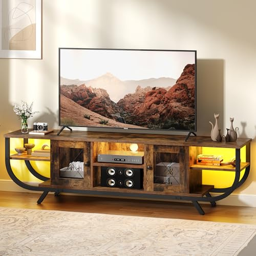 YITAHOME Industrial 160cm TV Stand Cabinet with LED Lights,TV Unit with Storage Cabinets & Open Shelves, Metal Frame TV Cabinet Fits Up to 65 Inch TV for Living Room,Rustic Brown