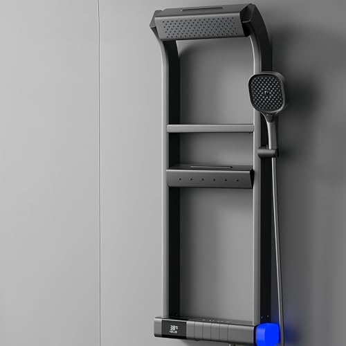 LED-duschpanel tornsystem med regnduschhuvud och kroppsstrålar, termostatkranset för modernt badrum