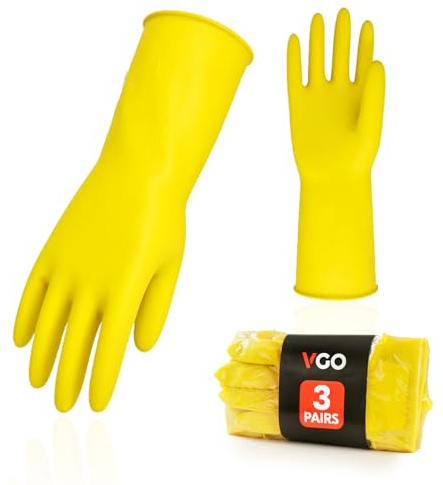 Vgo... 3-Pairs Reusable Household Gloves, Rubber Dishwashing gloves, Extra Thickness, Long Sleeves, Kitchen Cleaning, Working, Painting, Gardening, Pet Care (Size M, Yellow, HH4601)