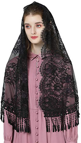 BEAUTELICATE Mantilla Spitzen Katholisch Schal Schleier Stola mit Quaste Schwarz Weiß für Damen Messe Latein Kapelle Kirchliche Hochzeit V118