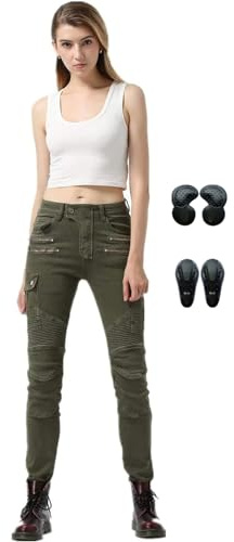 HULG Pantaloni da Moto da Donna,Pantaloni da Moto Biker Jeans Protezione Motorcycle Pantaloni Rinforzato Slim Fit Armature Pants, 4 X Pad di Protezione (Green,M)