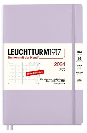 LEUCHTTURM1917 367574 Monatsplaner & Notizbuch Paperback (B6+) 2024, 16 Monate, Softcover, Lilac, Deutsch