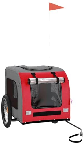 vidaXL Fahrradanhänger für Hunde, Hundeanhänger mit Reflektoren Flagge, Hundetransporter Maximale Belastbarkeit 45kg, Rot Grau Oxford-Gewebe Eisen