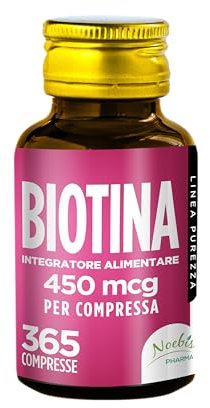Biotina 365 Compresse - 450 mcg di Biotina per 1 Compressa - Crescita di Capelli Pelle e Unghie Sani- 1 Anno di Fornitura - Vitamina B7 - Integratori per Capelli - Qualità Italiana