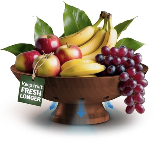 Fruit Bowl for Kitchen Counter - Brown Wooden Fruit Bowl, Latge Fruit Basket with Pedestal Base, Vented Bamboo Fruit Holder for Fruits, Vegetable Storage, Kitchen Countertop Organizer 11 x 4.5 Inches