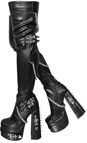 blingqueen Platform Heel Thigh High Boots for Women Chunky Block Heels Zip Up Over The Knee High Boots with Rivets Chains Buckle Punk Booties Riding Motorcycle Sock Booties Black PU Leather Size 5