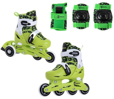 Madivo Dino Set 2in1 Inliner/Triskates VERSTELLBAR | ABEC-5 Rollschuhe | Inlineskates umbaubar zu Rollschuhe | Grün/Schwarz | Größen: 26-29, 30-33 (XS (26-29) - Set MIT SCHONER)