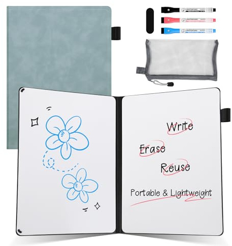 AGM Pizarra blanca 15 x 21 cm, estilo libro portátil con escritura a doble cara, Azul PU Caparazón, incluye bolígrafo y borrador, para estudio, reuniones, borradores, notas y garabatos