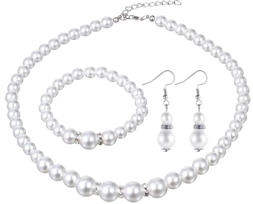 Lnngub 3 Stück Kunstperlen Schmuckset, Nachahmung Perlen Halskette Armband Ohrringe Set Damen Schmuck Geschenk Set für Geburtstage, Jubiläen, Valentinstag, Muttertag, Verlobung, Hochzeit (Weiß)
