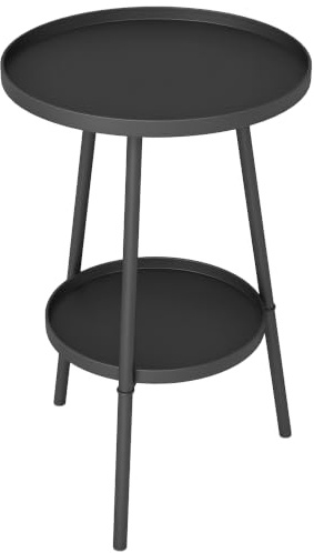 Outsunny Petite Table Appoint Ronde 2 Niveaux Table Jardin Extérieur Noir | pour Terrasse, Salon, Balcon, Métal