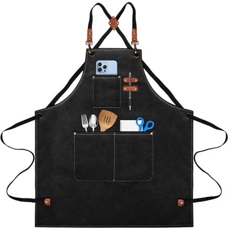 Tablier de Cuisine lompyeu, Tablier de Travail, Tablier Barbecue avec Poches, Bretelles Réglables de M à XXXL, Noir